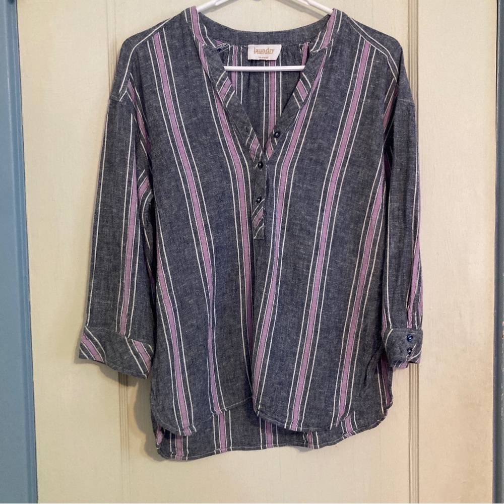 LAUNDRY BY SHELLI SEGAL -  GREY AND LAVENDER-STRIPED LINEN BLEND BLOUSE